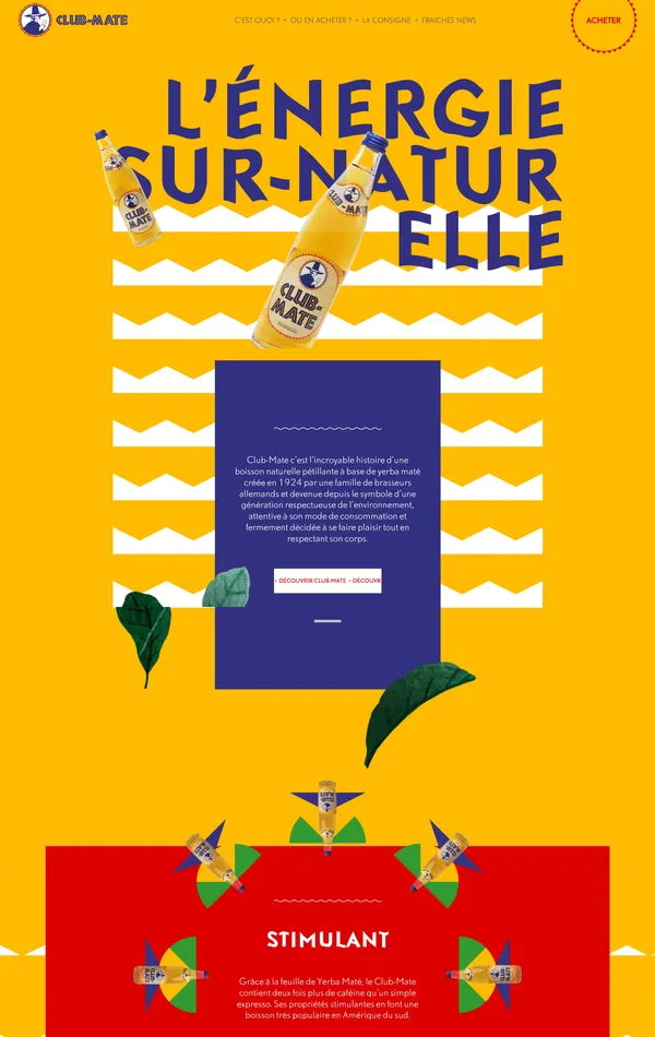Главная Club-Mate, тематика — Еда и напитки, цвета — Серый, Оранжевый, стиль — Фестивальный, типографика — Без засечек, Декоративные