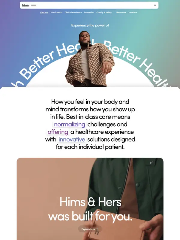 Лендинг Hims, тематика — Здоровье и фитнес, цвета — Белый, Черный, Серый, стиль — Корпоративный, Минимализм, типографика — Без засечек