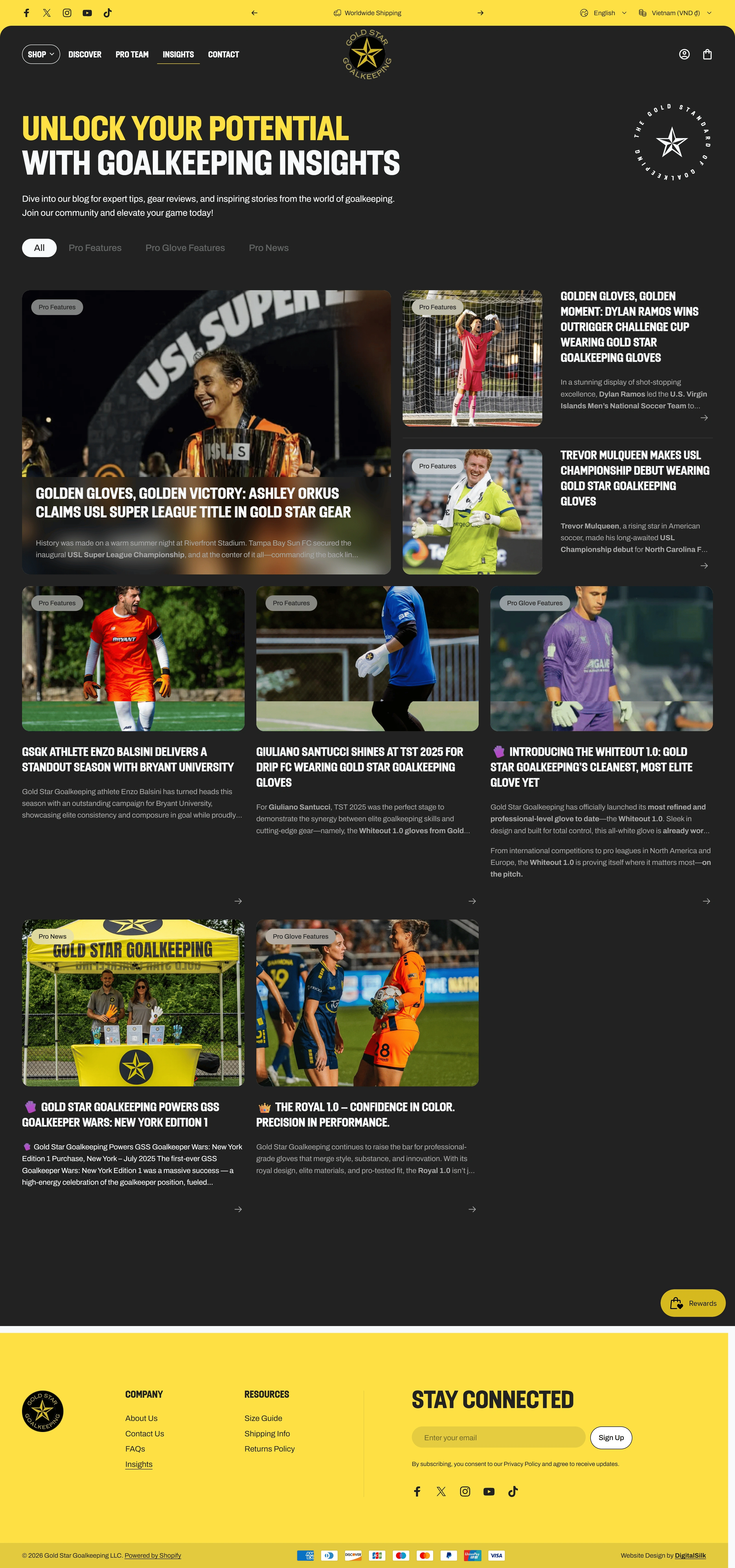 Gold Star Goalkeeping Блог Gold Star Goalkeeping, тематика — Интернет-магазин, цвета — Черный, Серый, Желтый, стиль — Корпоративный, Карточный, типографика — Без засечек, Декоративные