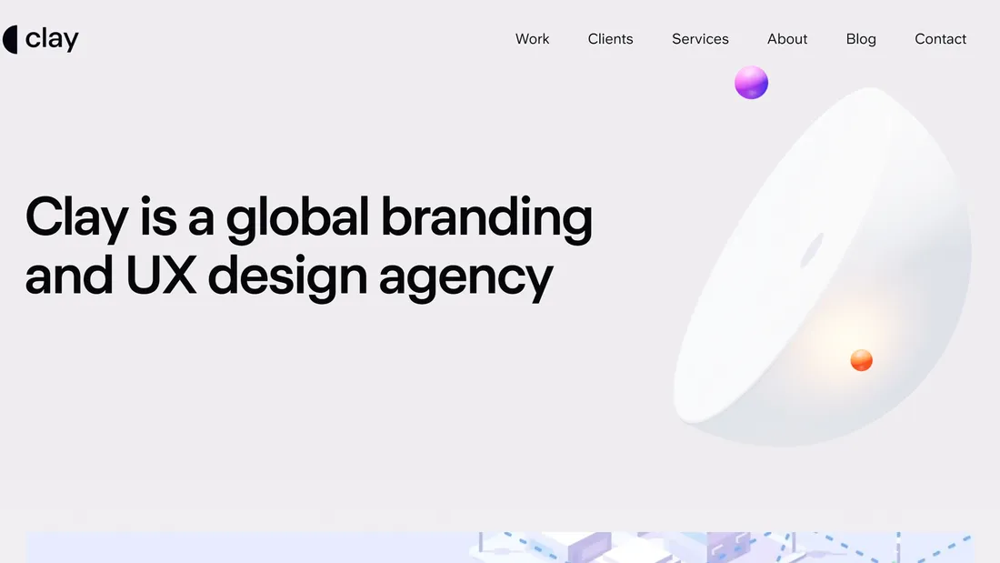 Секция «Первый экран» с сайта https://clay.global/, тематика — Агентство , цвета — Белый, стиль — Минимализм, Полигональный, типографика — Без засечек