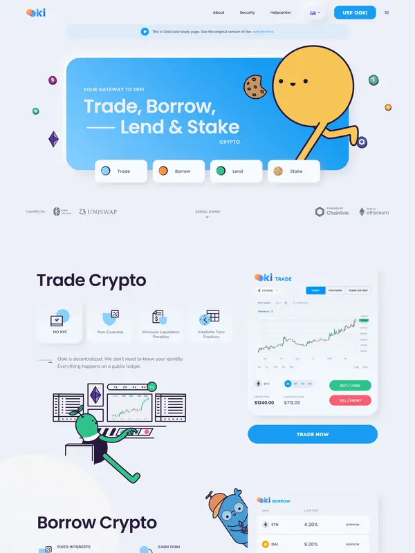 Лендинг OOKI, тематика — Крипто  и блокчейн, цвета — Белый, стиль — Плоский, Рисованный, типографика — Без засечек, Декоративные
