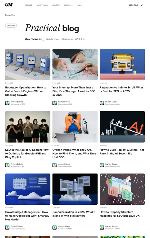 Блог UM, тематика — Маркетинг, цвета — Белый, Черный, Серый, стиль — Корпоративный, типографика — Без засечек