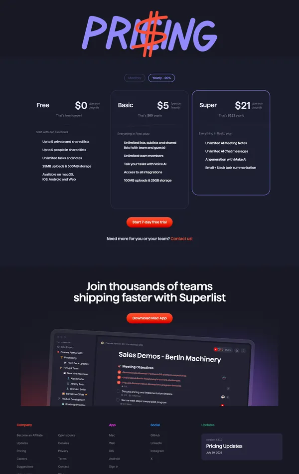 Секция «Цены» с сайта https://www.superlist.com/, тематика — SaaS, цвета — Черный, стиль — Минимализм, Типографика, типографика — Без засечек, Рукописные