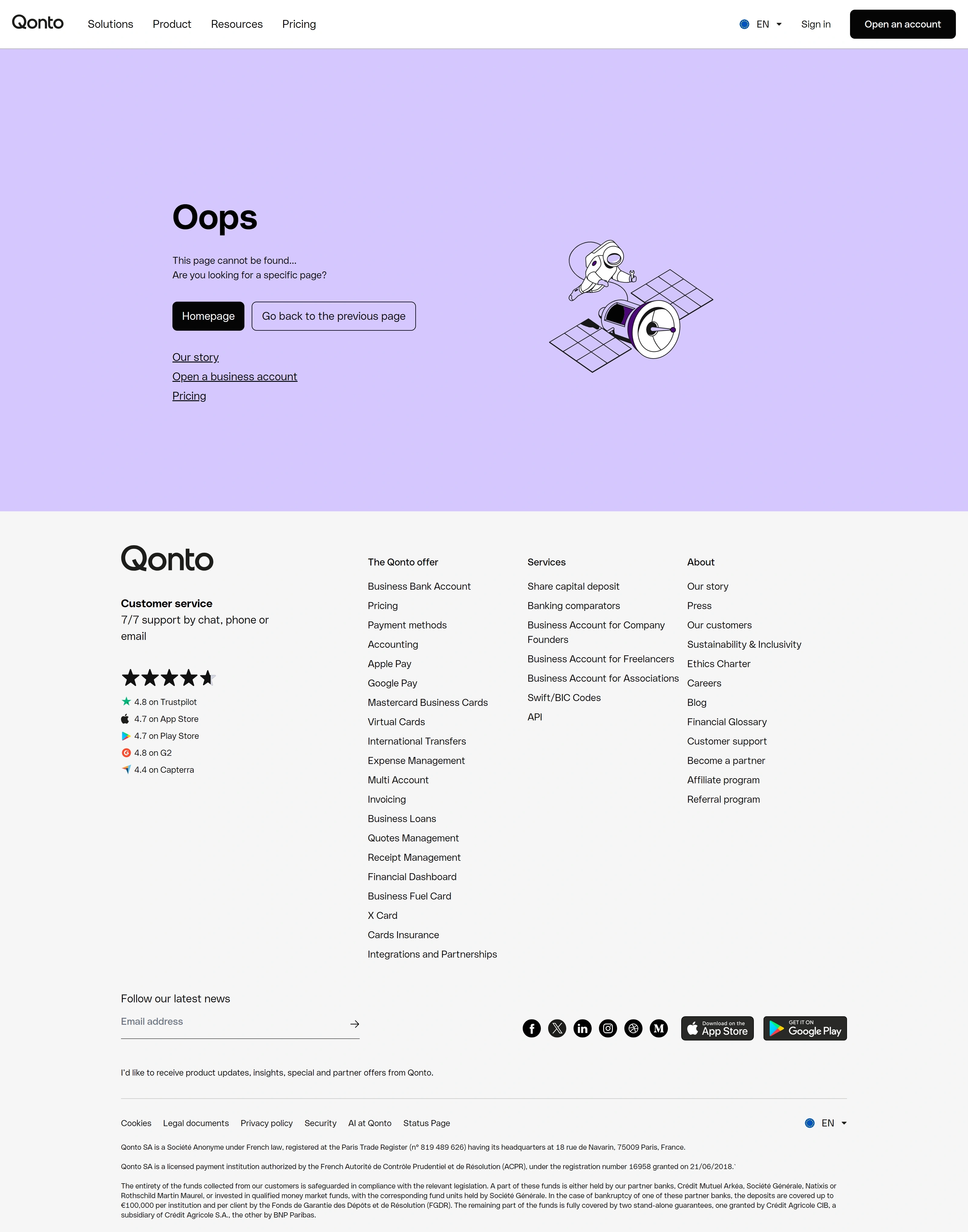 Qonto 404-страница Qonto, тематика — Финансы, цвета — Белый, стиль — Корпоративный, Минимализм, типографика — Без засечек
