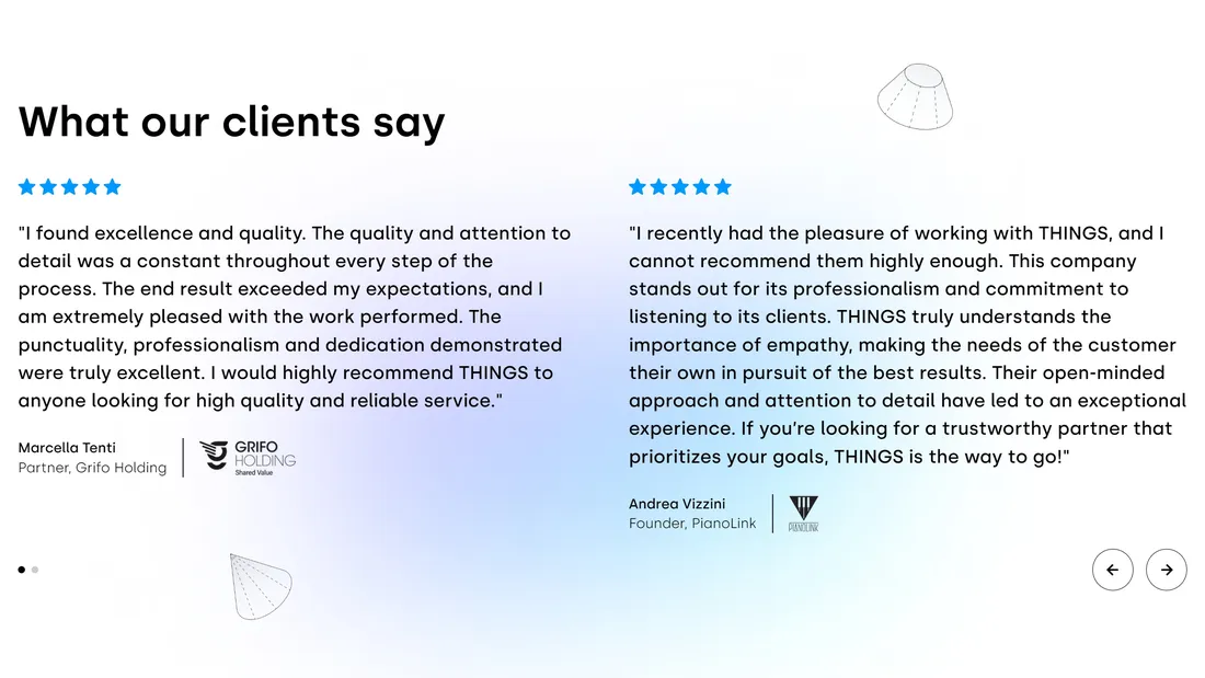 Секция «Отзывы» с сайта https://things.is/, тематика — Дизайн, IT и программное обеспечение, цвета — Белый, стиль — Корпоративный, типографика — Без засечек