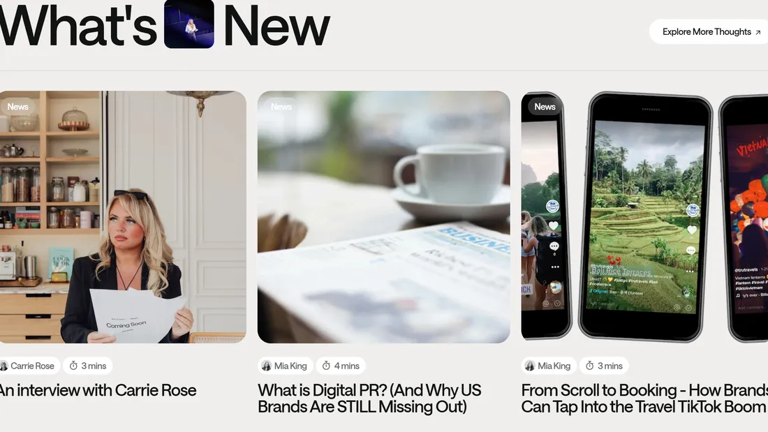 Секция «Новости» с сайта https://riseatseven.com/, тематика — Маркетинг, цвета — Белый, Серый, стиль — Корпоративный, Минимализм, типографика — Без засечек