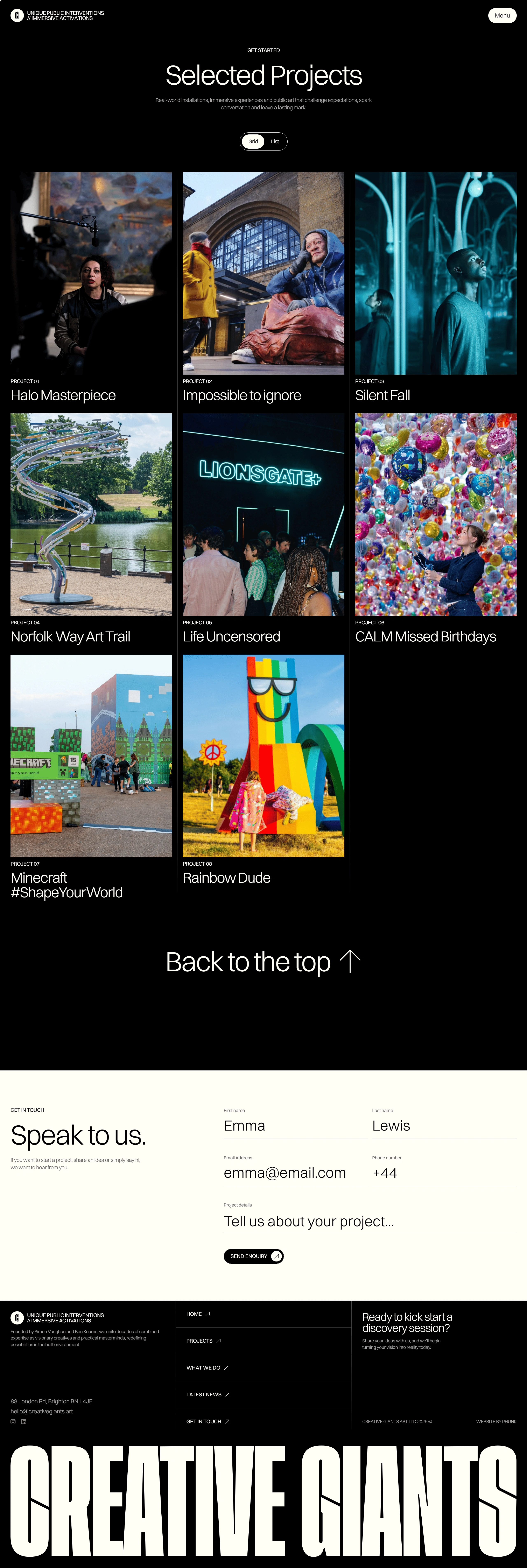 Creative Giants Портфолио Creative Giants, тематика — Искусство, цвета — Белый, Черный, Серый, стиль — Карточный, Минимализм, типографика — Без засечек, Декоративные
