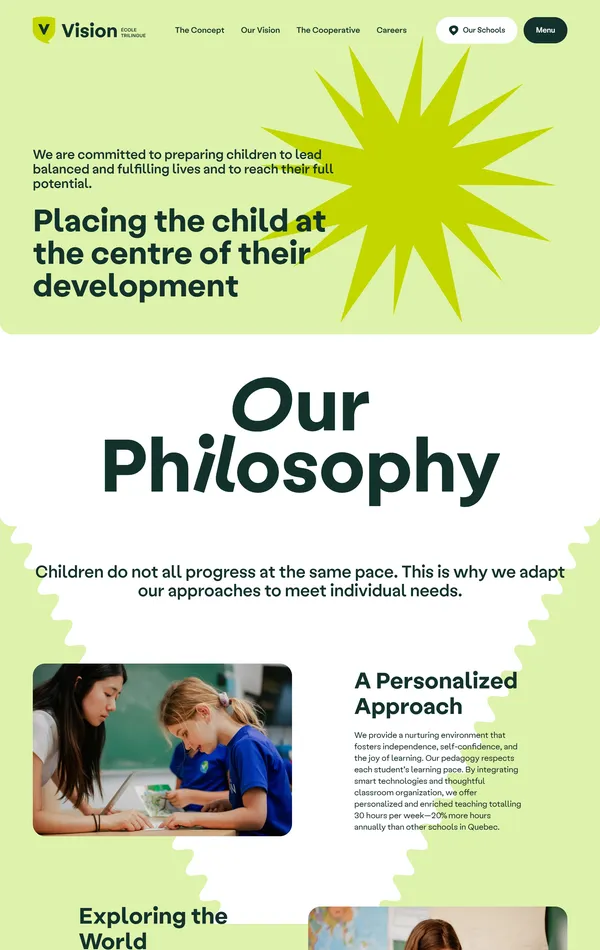 Страница о компании Vision Trilingual School, тематика — Образование, цвета — Белый, Серый, Желтый, стиль — Типографика, Брутализм, типографика — Без засечек