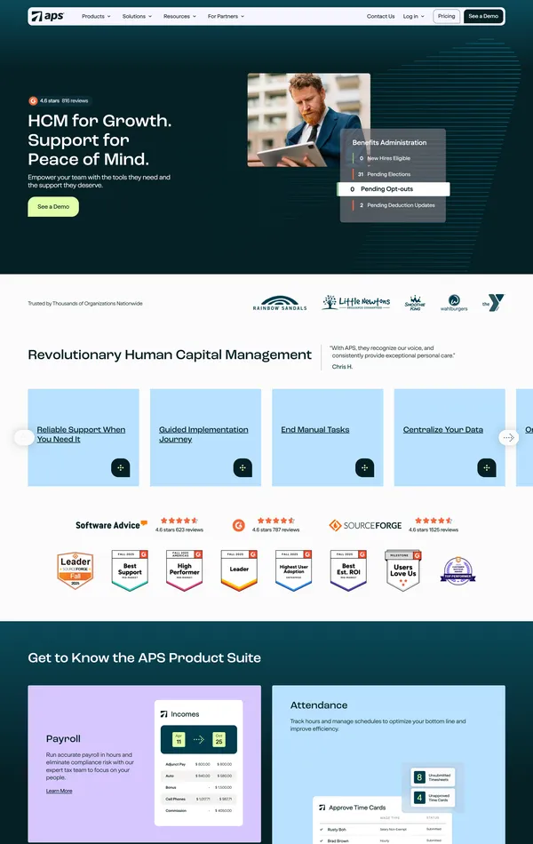 Главная APS Payroll, тематика — SaaS, HR, цвета — Белый, Черный, Серый, стиль — Корпоративный, типографика — Без засечек