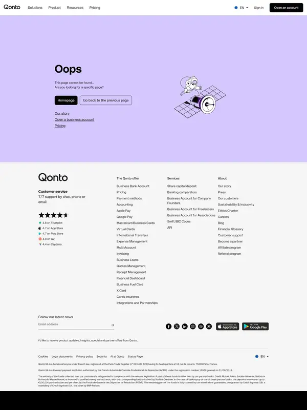 404-страница Qonto, тематика — Финансы, цвета — Белый, стиль — Корпоративный, Минимализм, типографика — Без засечек