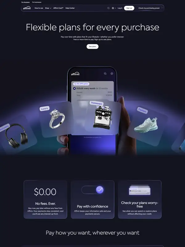 Главная Affirm, тематика — Финансы, цвета — Черный, Серый, стиль — Корпоративный, Карточный, Минимализм, типографика — Без засечек