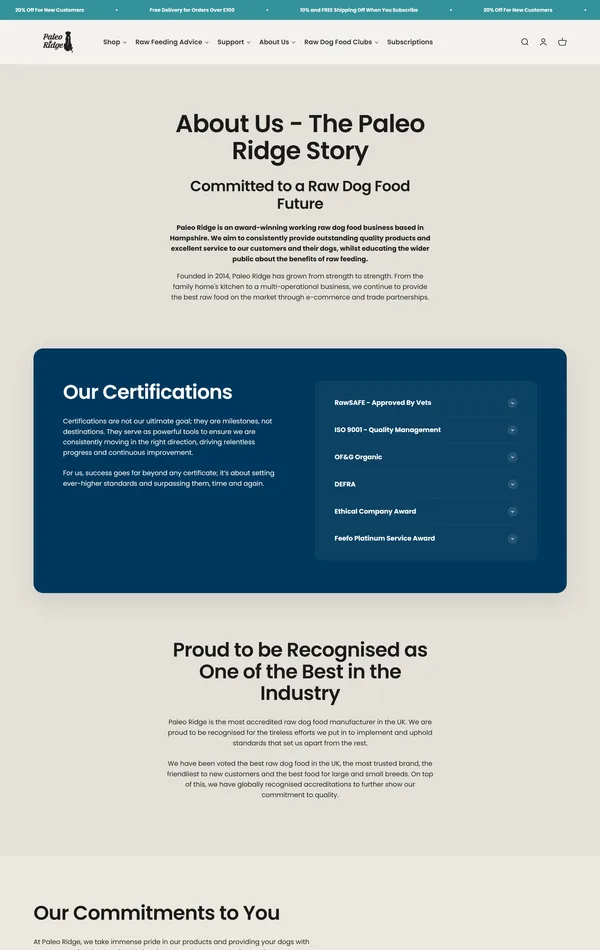 Страница о компании Paleo Ridge, тематика — Домашние животные, цвета — Белый, Черный, Серый, стиль — Корпоративный, типографика — Без засечек