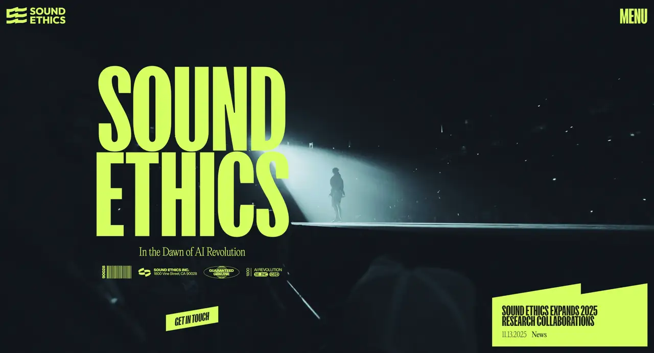 Секция «Первый экран» с сайта https://www.soundethics.org/, тематика — Музыка, цвета — Черный, Серый, стиль — Брутализм, типографика — Без засечек, Декоративные