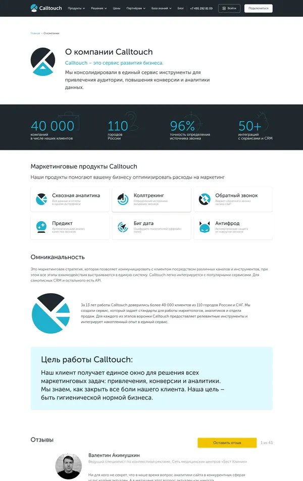 Страница о компании Calltouch, тематика — Бизнес и профессиональные услуги, цвета — Белый, Черный, стиль — Корпоративный, типографика — Без засечек