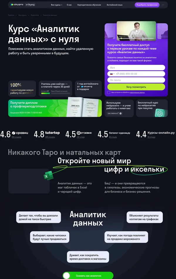 Лендинг Skypro, тематика — Образование, цвета — Белый, Черный, Серый, стиль — Плоский, Карточный, типографика — Без засечек