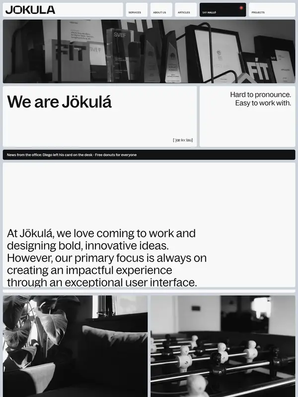 Страница о компании Jokula, тематика — Дизайн, цвета — Белый, Черный, Серый, стиль — Минимализм, Брутализм, типографика — Без засечек, Декоративные