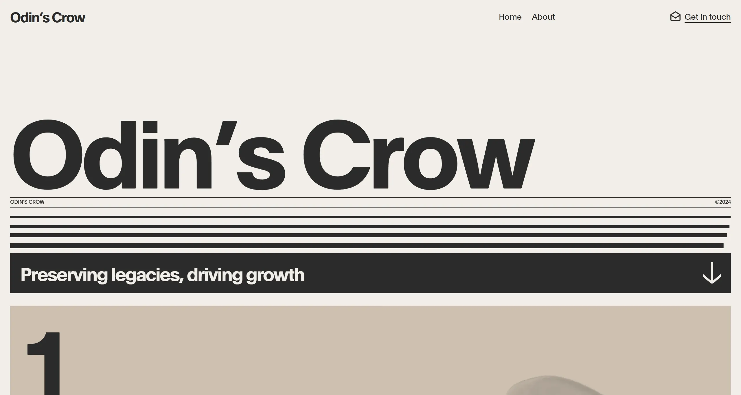 Odin's Crow Секция «Первый экран» с сайта https://www.odins-crow.com/, тематика — Финансы, цвета — Белый, Черный, Серый, стиль — Минимализм, Полигональный, типографика — Без засечек