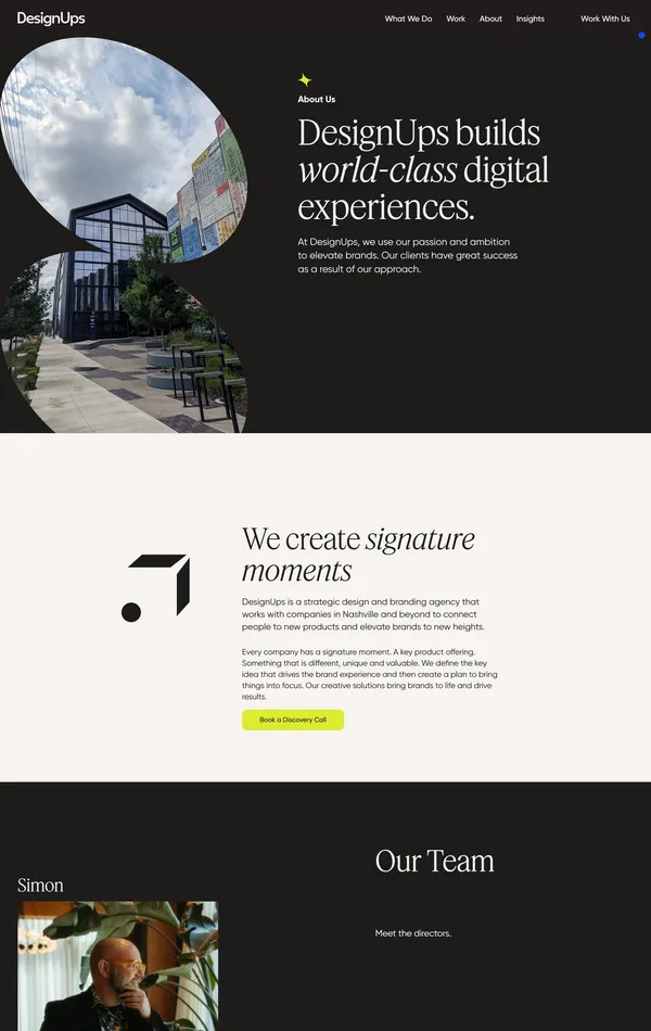 Страница о компании DesignUps, тематика — Агентство , цвета — Белый, Черный, стиль — Корпоративный, Минимализм, типографика — С засечками, Без засечек