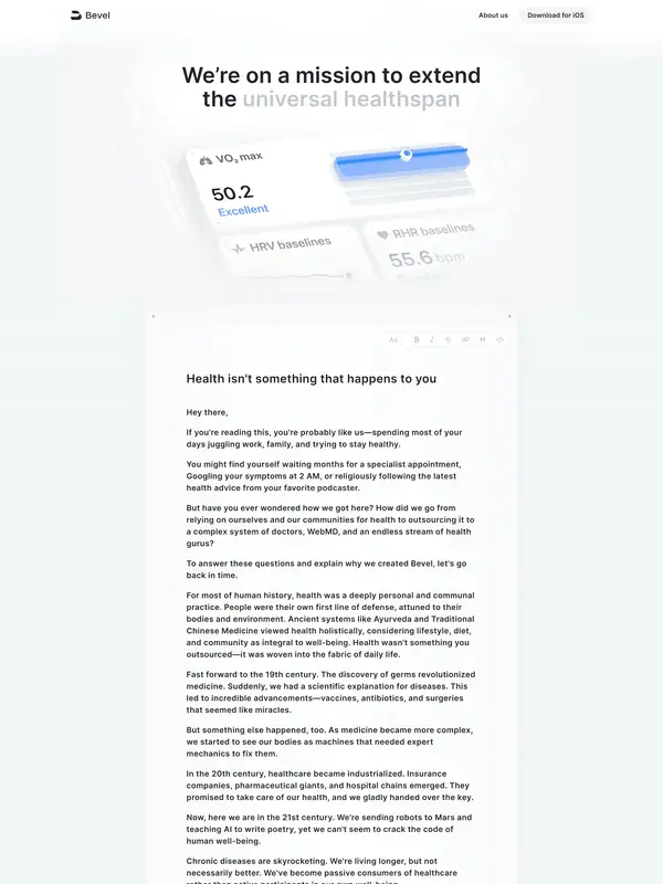 Страница о компании Bevel, тематика — Здоровье и фитнес, цвета — Белый, стиль — Корпоративный, Минимализм, типографика — Без засечек
