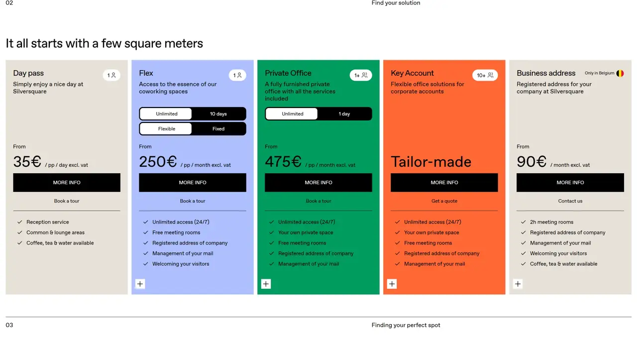 Секция «Цены» с сайта https://silversquare.eu/en, тематика — Комьюнити, цвета — Белый, Красный, Зеленый, стиль — Корпоративный, Карточный, Минимализм, типографика — Без засечек