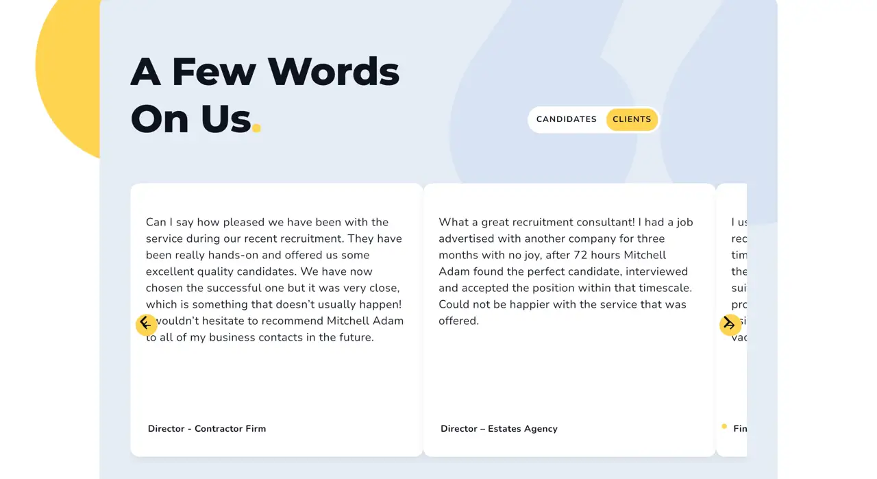 Секция «Отзывы» с сайта https://mitchelladam.co.uk/, тематика — Финансы, цвета — Белый, стиль — Корпоративный, Карточный, типографика — Без засечек, Декоративные