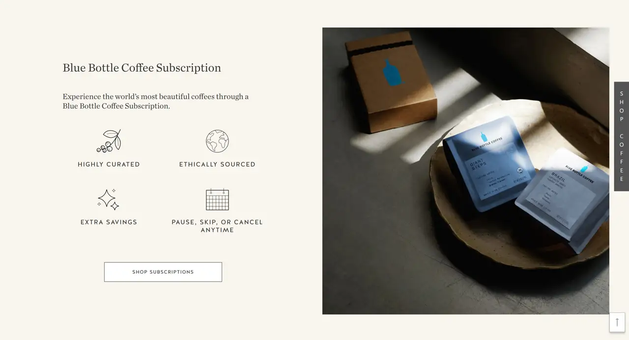 Секция «О продукте» с сайта https://bluebottlecoffee.com/us/eng, тематика — Еда и напитки, цвета — Белый, Черный, стиль — Минимализм, типографика — Без засечек