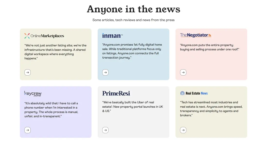 Секция «Новости» с сайта https://anyone.com/, тематика — Недвижимость, цвета — Белый, стиль — Минимализм, типографика — Без засечек