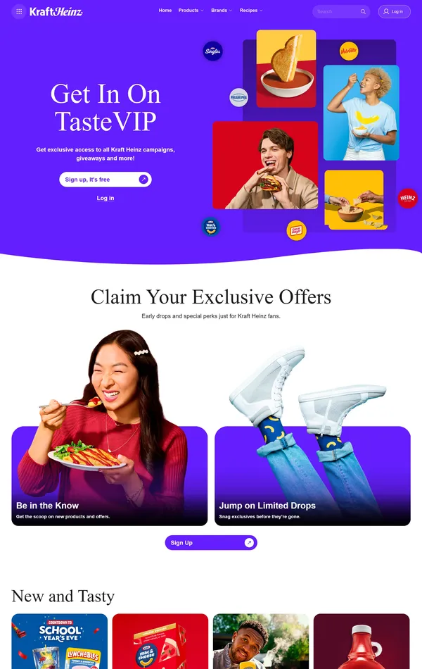 Многостраничный сайт Kraft Heinz, тематика — Еда и напитки, цвета — Белый, Серый, Фиолетовый, стиль — Фестивальный, типографика — Без засечек
