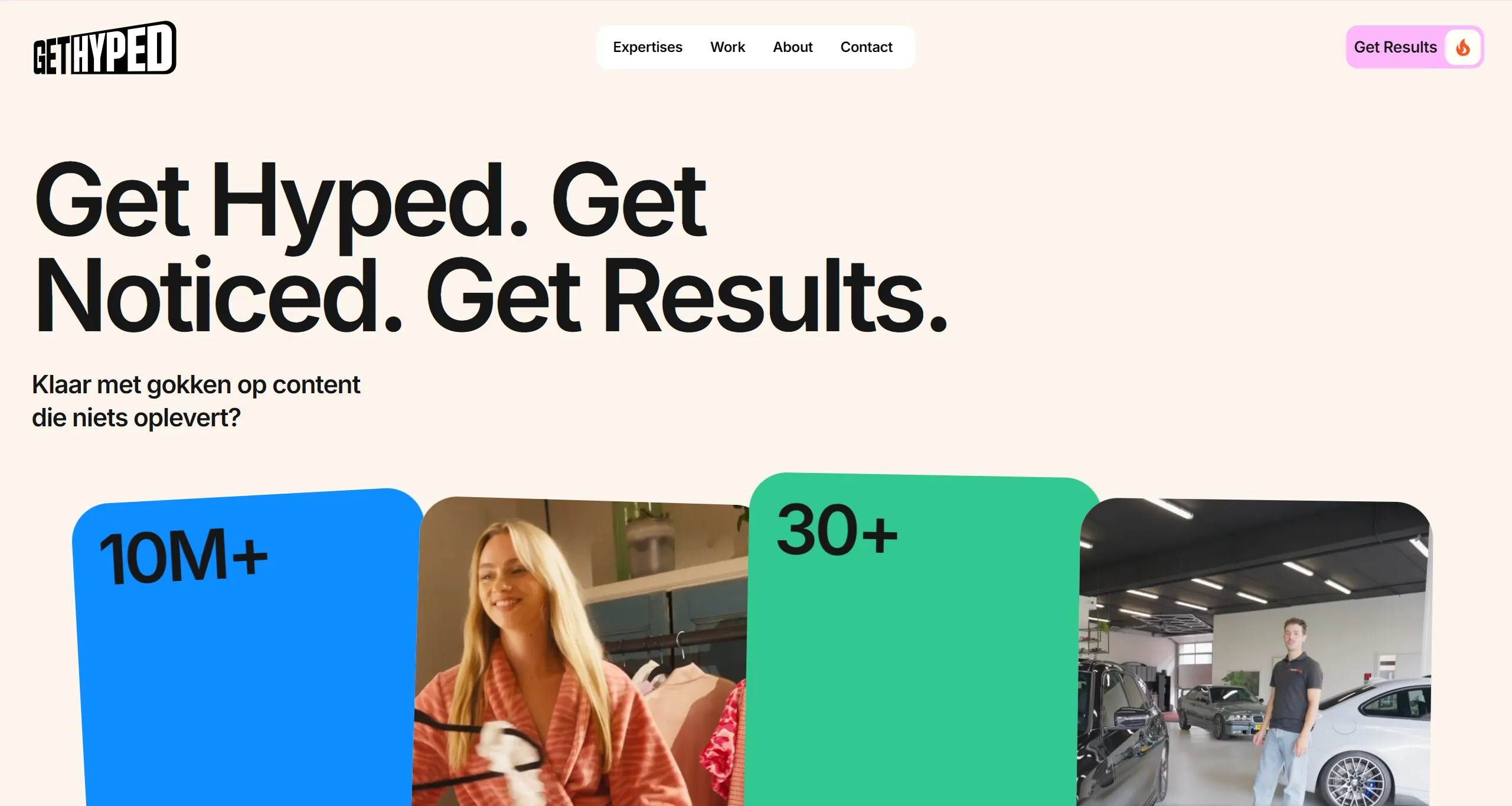 Секция «Первый экран» с сайта https://www.gethyped.nl/, цвета — Белый, Серый, стиль — Корпоративный, типографика — Без засечек