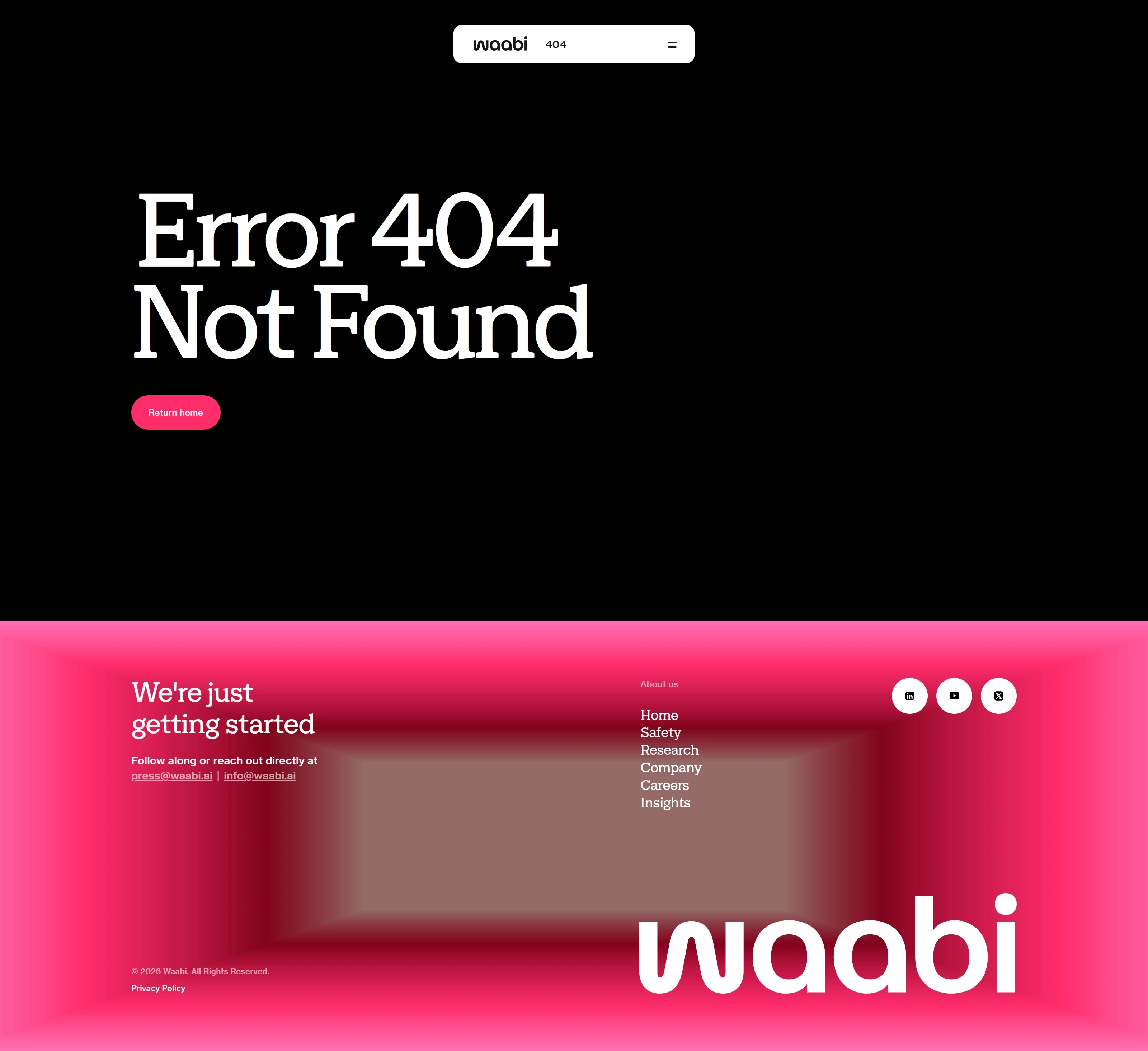 Waabi 404-страница Waabi, тематика — IT и программное обеспечение, цвета — Черный, Красный, Розовый, стиль — Корпоративный, Минимализм, типографика — С засечками, Без засечек