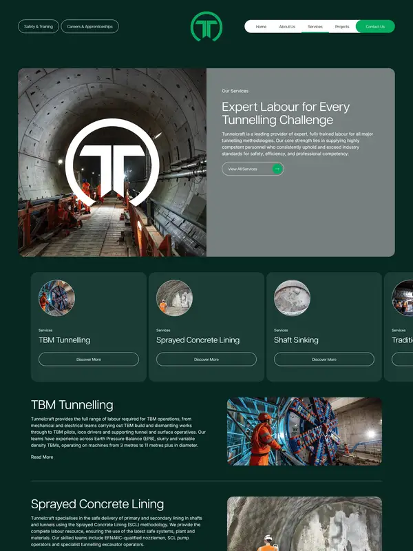 Услуги Tunnelcraft, тематика — Строительство, цвета — Черный, Серый, стиль — Корпоративный, типографика — Без засечек