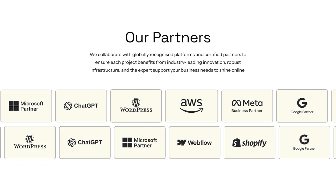 Секция «Партнеры» с сайта https://www.modal.co.uk/, тематика — Дизайн, Бизнес и профессиональные услуги, цвета — Белый, стиль — Корпоративный, Минимализм, типографика — Без засечек