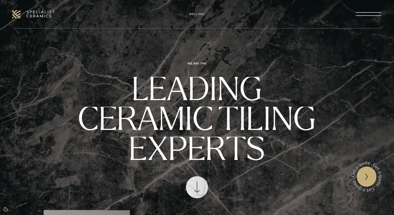 Секция «Первый экран» с сайта https://www.specialistceramics.co.uk/, тематика — Строительство, цвета — Черный, Серый, стиль — Классический, Корпоративный, типографика — С засечками