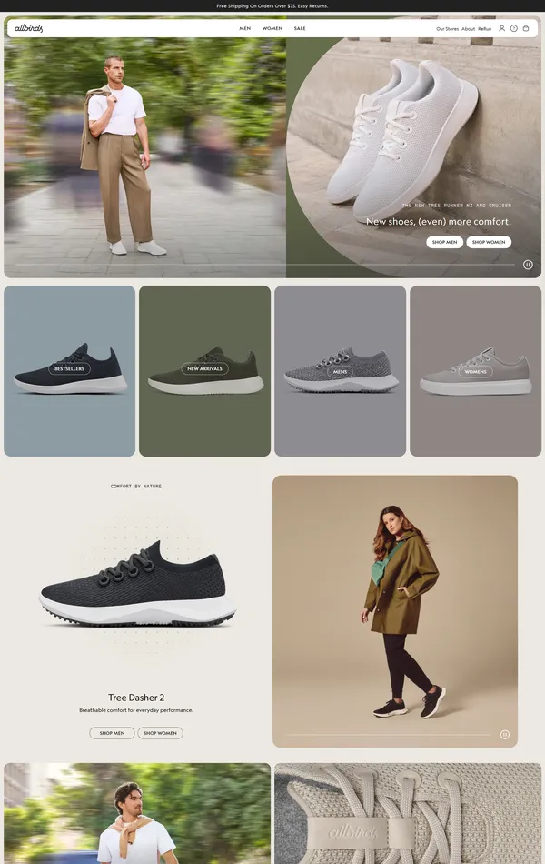 Главная Allbirds, тематика — Интернет-магазин, цвета — Белый, Серый, стиль — Карточный, Минимализм, Органический и природный, типографика — Без засечек