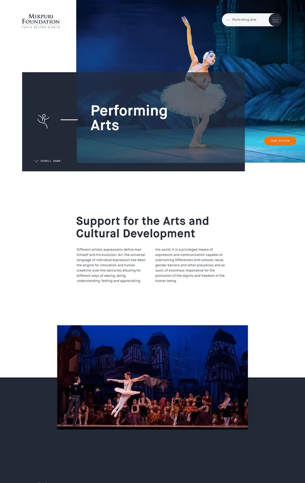 Страница о компании Mirpuri Foundation, тематика — Некоммерческая деятельность, Искусство, цвета — Белый, Черный, Серый, стиль — Корпоративный, типографика — Без засечек