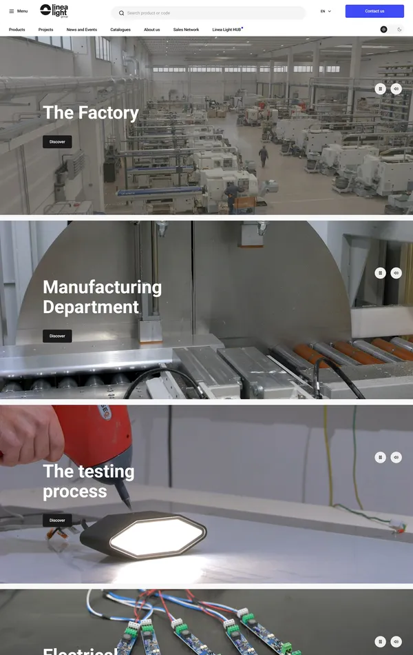 Страница о компании Linea Light, тематика — Производство, цвета — Белый, Черный, Серый, стиль — Корпоративный, типографика — Без засечек