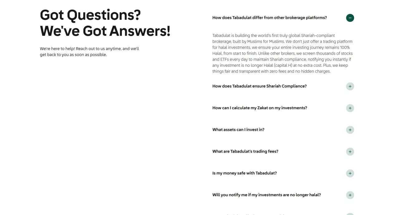 Секция «FAQ» с сайта https://tabadulat.com/, тематика — Финансы, цвета — Белый, Серый, стиль — Корпоративный, Минимализм, типографика — Без засечек