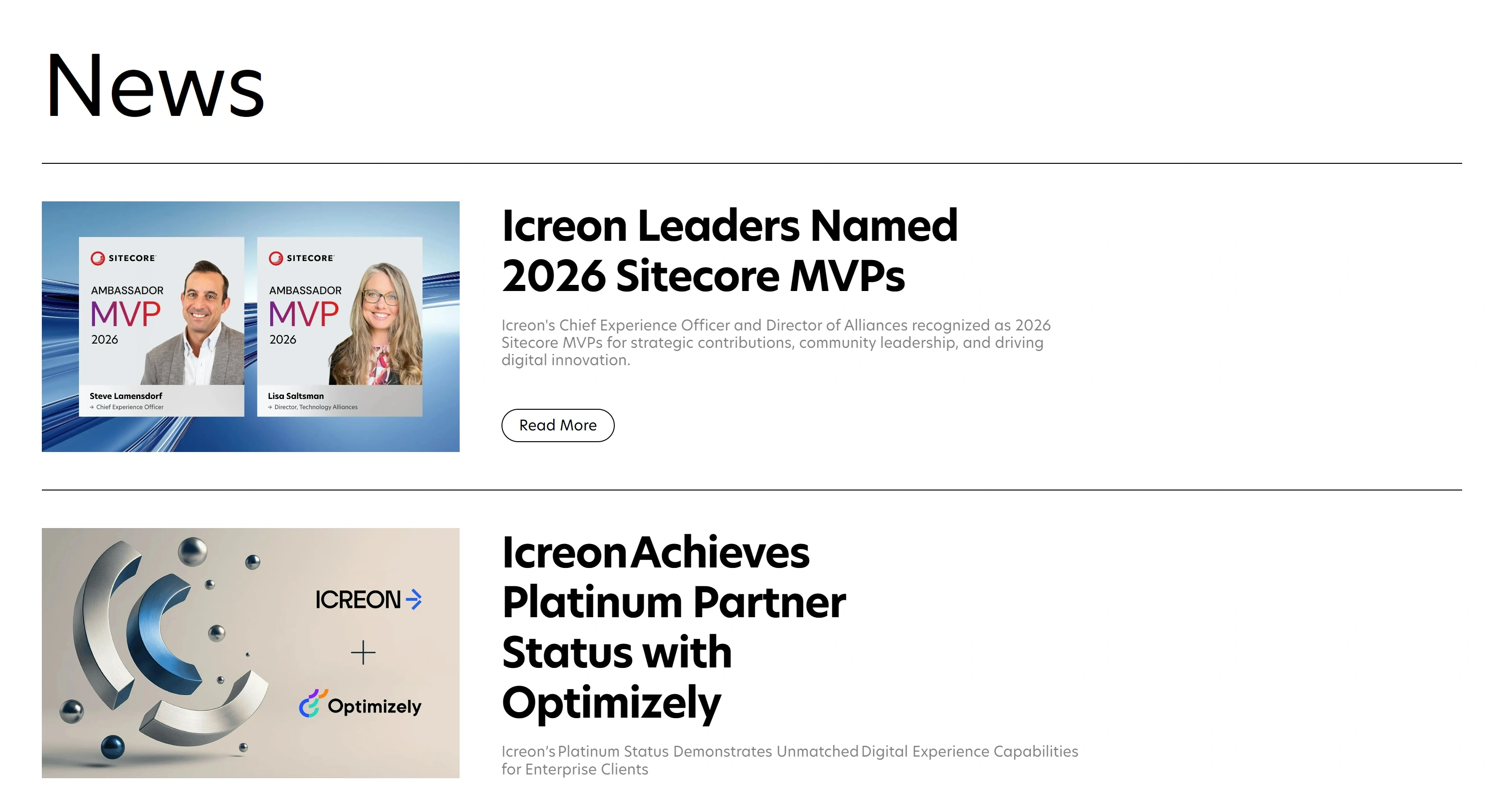 Icreon Секция «Новости» с сайта https://www.icreon.com/, тематика — IT и программное обеспечение, цвета — Белый, Серый, стиль — Корпоративный, Минимализм, типографика — Без засечек