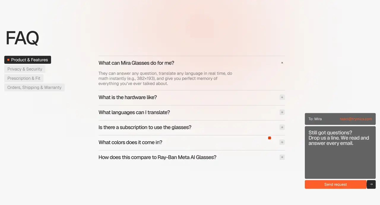 Секция «FAQ» с сайта https://mira-dev.webflow.io/, тематика — Другое, цвета — Белый, Серый, стиль — Минимализм, типографика — Без засечек