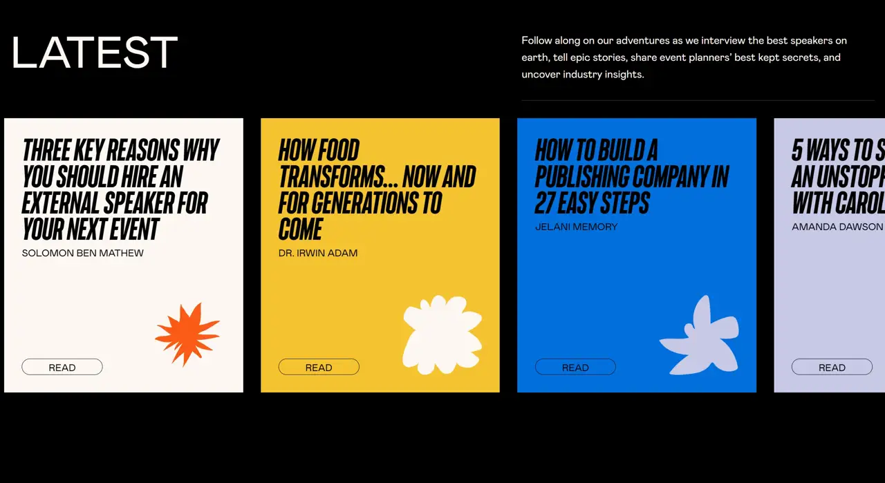 Секция «Контент» с сайта https://www.hellyes.co/, тематика — Агентство , цвета — Белый, Черный, Синий, стиль — Карточный, Брутализм, типографика — Без засечек, Декоративные