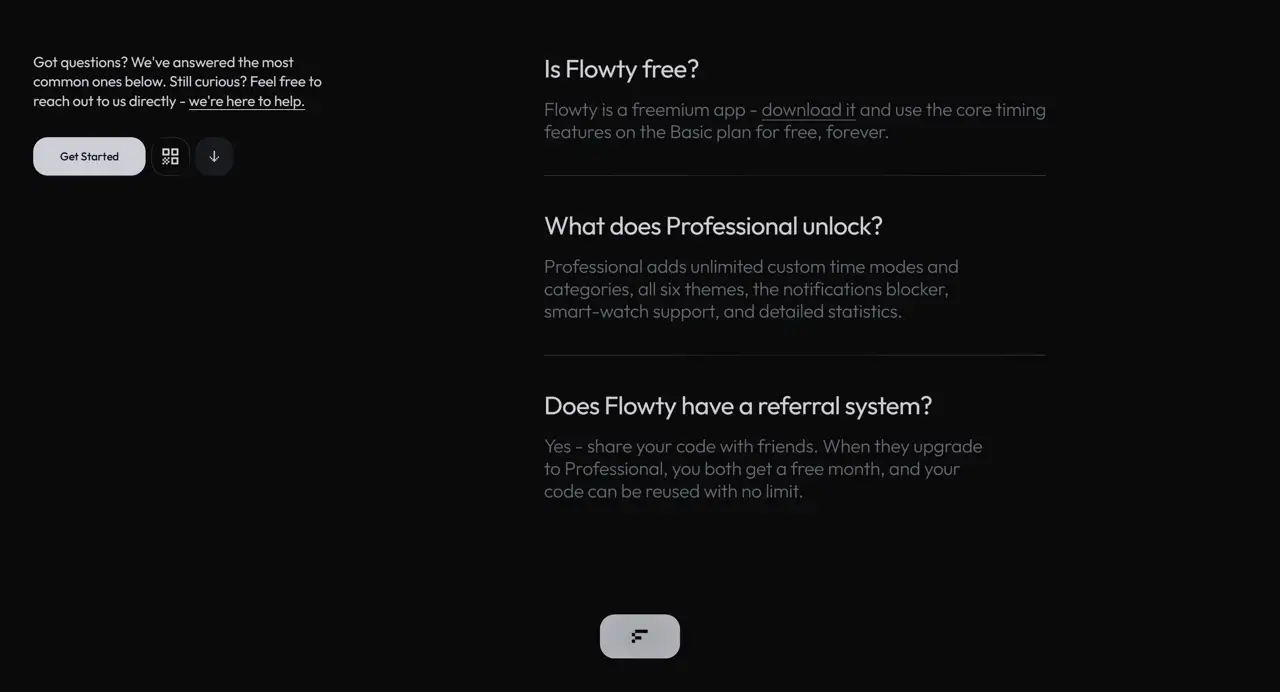 Секция «FAQ» с сайта https://flowty.co/, тематика — SaaS, цвета — Черный, стиль — Минимализм, типографика — Без засечек