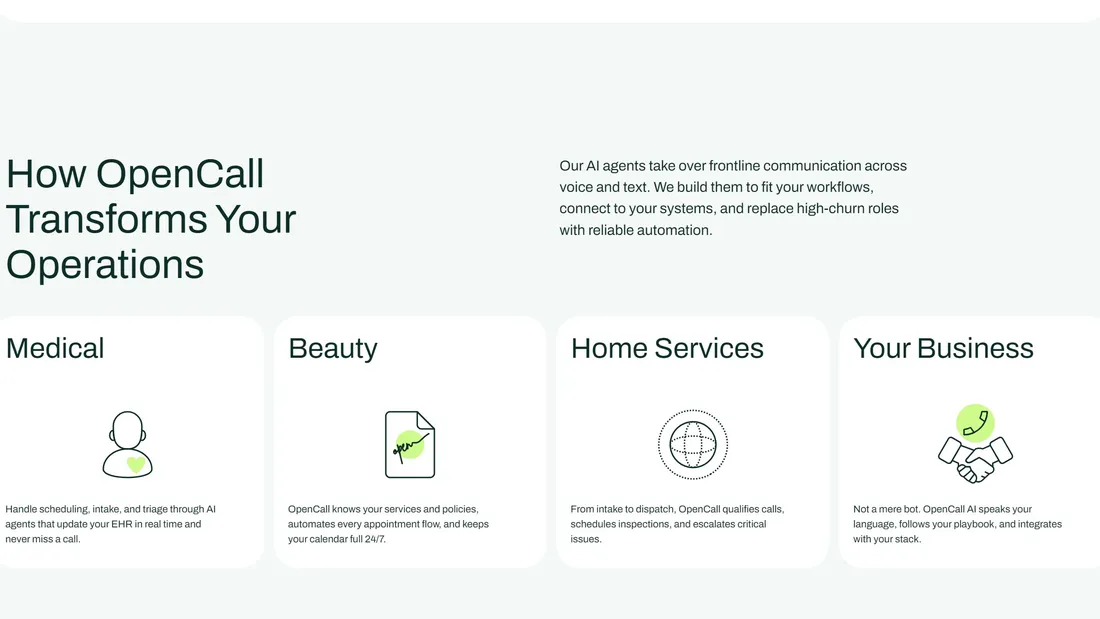 Секция «Услуги» с сайта https://opencall.ai/, тематика — IT и программное обеспечение, Бизнес и профессиональные услуги, цвета — Белый, стиль — Корпоративный, Минимализм, типографика — Без засечек