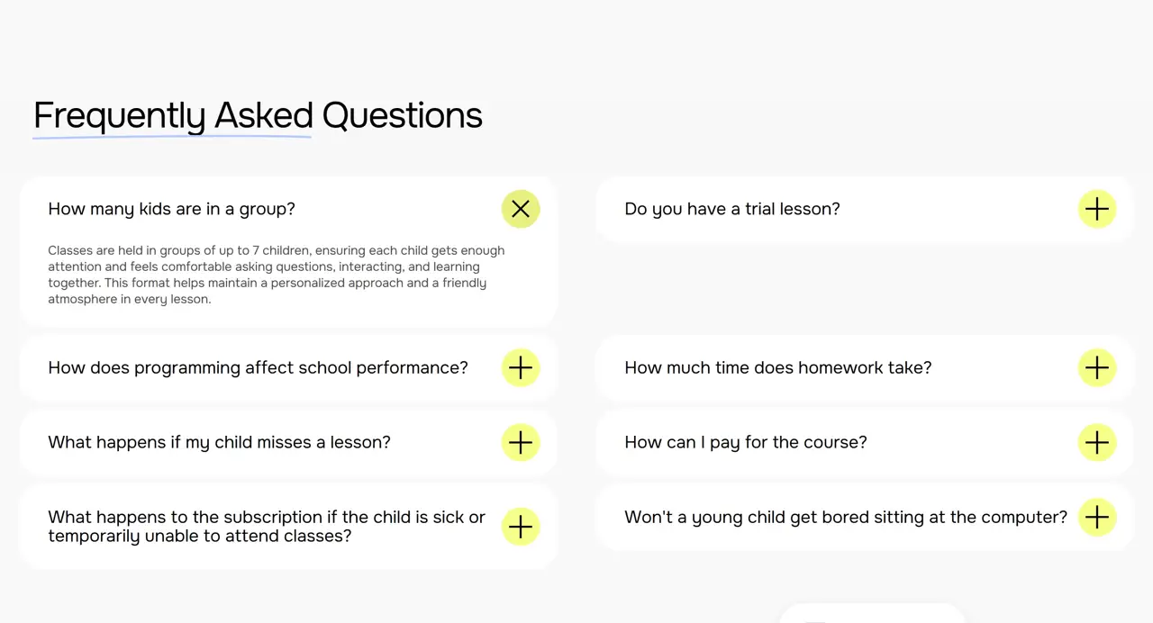 Секция «FAQ» с сайта https://level-up-school.tilda.ws/, тематика — Образование, цвета — Белый, стиль — Корпоративный, Минимализм, типографика — Без засечек