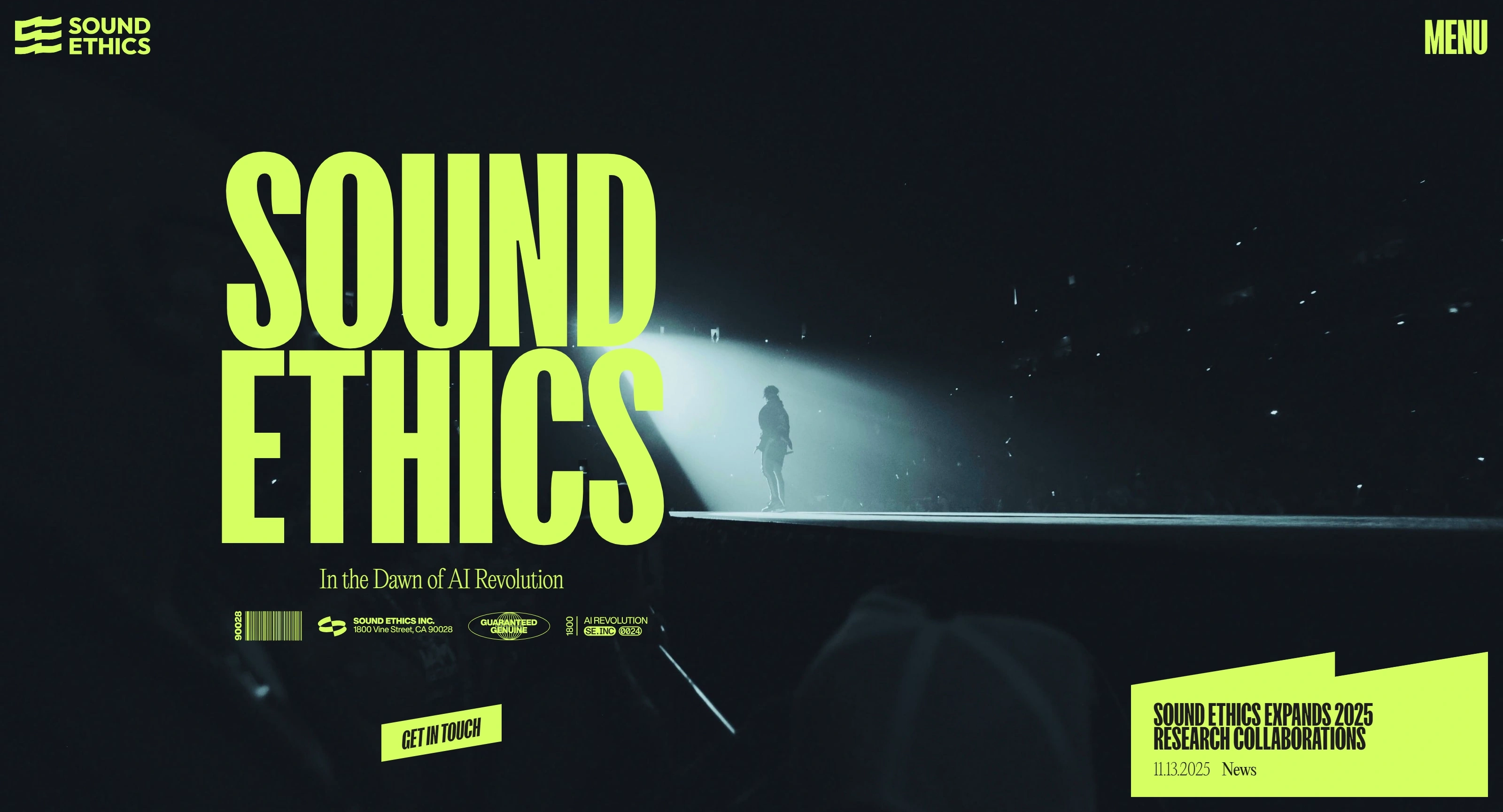 Sound Ethics Секция «Первый экран» с сайта https://www.soundethics.org/, тематика — Музыка, цвета — Черный, Серый, стиль — Брутализм, типографика — Без засечек, Декоративные