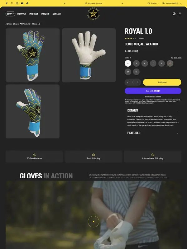 Продукт Gold Star Goalkeeping, тематика — Интернет-магазин, цвета — Белый, Черный, Серый, стиль — Карточный, Минимализм, типографика — Без засечек
