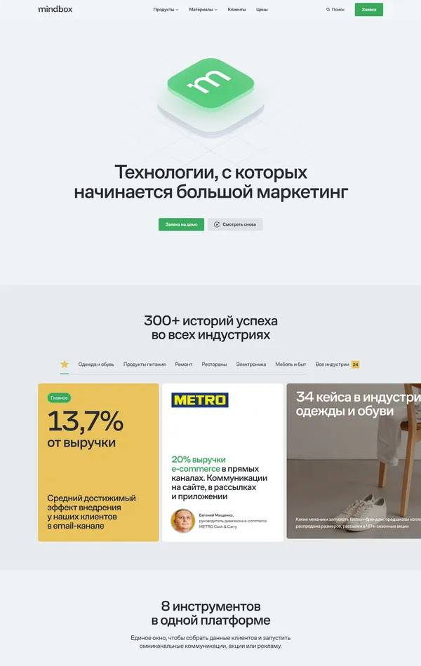 Главная Mindbox, тематика — Маркетинг, SaaS, цвета — Белый, Черный, Серый, стиль — Корпоративный, типографика — Без засечек