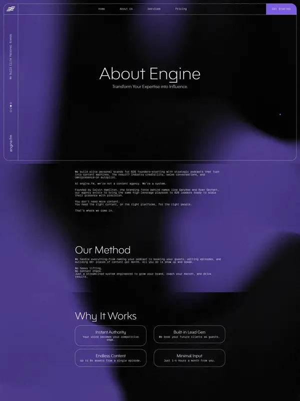 Страница о компании Engine, тематика — SaaS, цвета — Черный, Серый, стиль — Минимализм, Брутализм, типографика — Без засечек, Декоративные