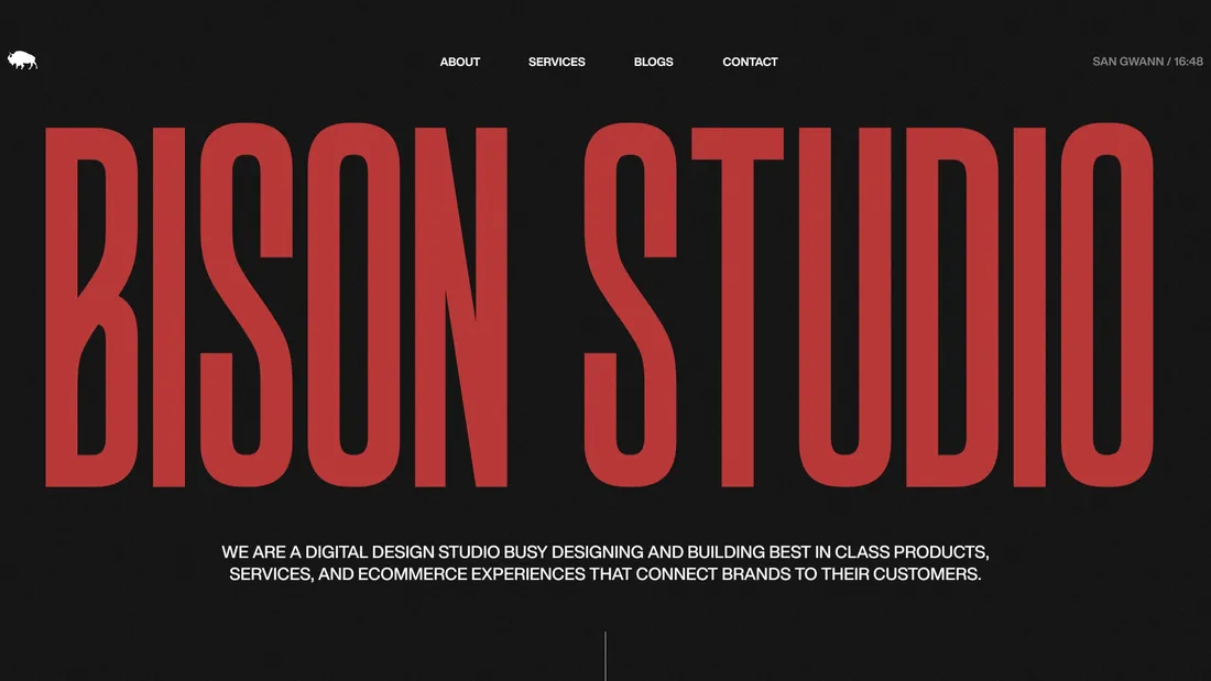 Секция «Первый экран» с сайта https://bison.studio/, тематика — Дизайн, цвета — Черный, Красный, Коричневый, стиль — Типографика, Брутализм, типографика — Без засечек, Декоративные