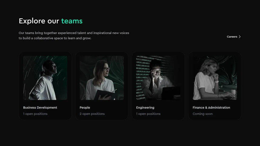 Секция «Команда» с сайта https://www.quantango.tech/, тематика — Бизнес и профессиональные услуги, цвета — Черный, стиль — Минимализм, типографика — Без засечек