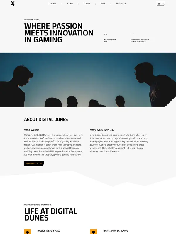 Страница карьеры Digital Dunes, тематика — Другое, цвета — Белый, Черный, Серый, стиль — Корпоративный, Минимализм, типографика — Без засечек